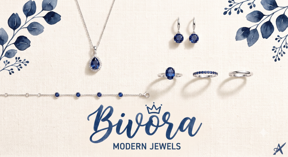 Silver jewelry set with deep blue gemstones, including a teardrop pendant necklace, matching drop earrings, a beaded bracelet, a ring, and two band rings, displayed on a textured cream background with blue leaf illustrations and the brand name Bivora.